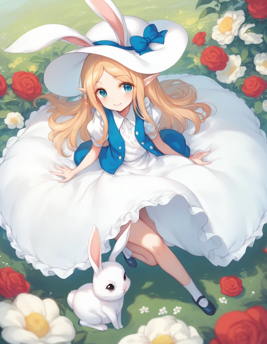 BREAK Perfect Anatomy、(High resolution:1.2)、Incredible illustrations、(Cute illustrations:1.2)、(Beautiful background) White Rabbit(Alice in Wonderland),(a girl,Elf 1.5meters, 40kg)(Bunny girl,vest,silk hat),Full body view