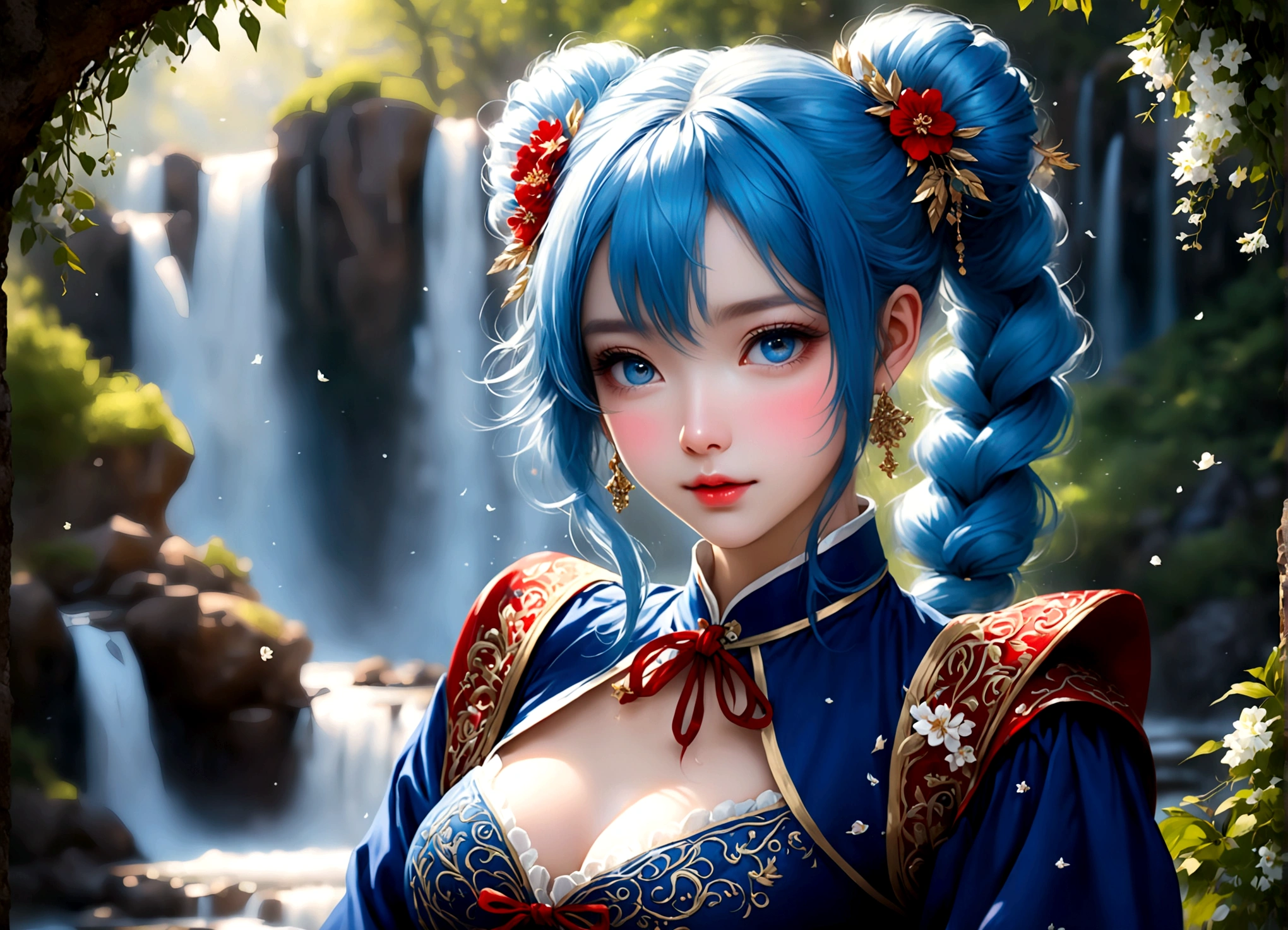 She was wearing a wide-sleeved, double-breasted shirt,White flowers embroidered on the dress,It's like a star in the night sky,There is a blue ribbon tied around the waist,It contrasts sharply with her clothes.,Eye-catching。Her twin ponytails flow like a waterfall,Gently fluttering in the breeze。Her blue eyes are deep and bright,Like the brightest star in the night sky,Reveals a fascinating sense of mystery。Her red lips are so beautiful,It's like a blooming flower,People can't help but want to kiss Fangze。Her face is beautiful,With a faint smile,Gives people a feeling of warmth。 a giant tree, giant tree,(masterpiece:1.2,best quality),(depth of field:1.6),(real picture intricate details),looking at viewer,standing,Portrait Of Stunningly Beautiful Girl,1girl,独奏,(big eyes), Ice Blue hair,short_twintails_Bunches, blue Lace dress,Her temperament is noble and elegant,As if he were a nobleman from a noble family.。Confidence and calm attitude give people an invisible charm。Her figure is slim and graceful,Like a carefully carved work of art。Light and smooth movements,Like a dancer in a dance,Every movement is full of life force and beauty.。