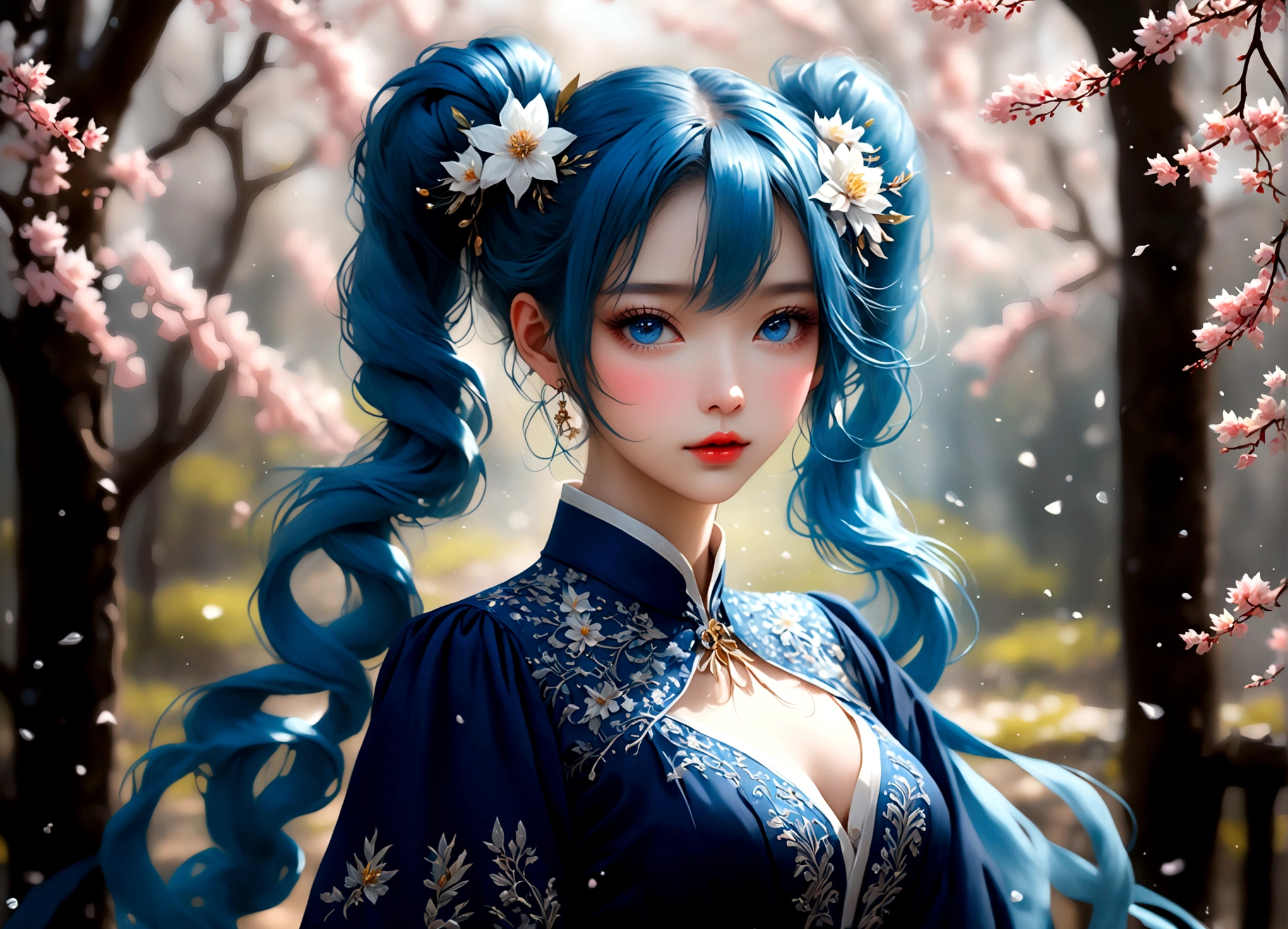She was wearing a wide-sleeved, double-breasted shirt,White flowers embroidered on the dress,It's like a star in the night sky,There is a blue ribbon tied around the waist,It contrasts sharply with her clothes.,Eye-catching。Her twin ponytails flow like a waterfall,Gently fluttering in the breeze。Her blue eyes are deep and bright,Like the brightest star in the night sky,Reveals a fascinating sense of mystery。Her red lips are so beautiful,It's like a blooming flower,People can't help but want to kiss Fangze。Her face is beautiful,With a faint smile,Gives people a feeling of warmth。 a giant tree, giant tree,(masterpiece:1.2,best quality),(depth of field:1.6),(real picture intricate details),looking at viewer,standing,Portrait Of Stunningly Beautiful Girl,1girl,独奏,(big eyes), Ice Blue hair,short_twintails_Bunches, blue Lace dress,Her temperament is noble and elegant,As if he were a nobleman from a noble family.。Confidence and calm attitude give people an invisible charm。Her figure is slim and graceful,Like a carefully carved work of art。Light and smooth movements,Like a dancer in a dance,Every movement is full of life force and beauty.。