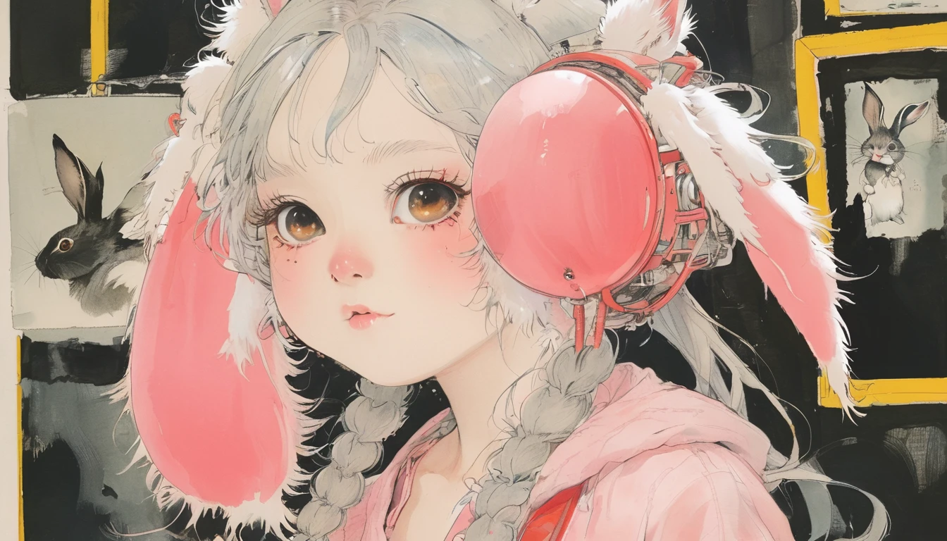 On the bright red campus"yes"character、美しいAn illustration, Highest quality, pretty girl, Bedroom, pastel colour, Fluffy bunny ears, , Silver long hair, Stuffed rabbit, Bright lighting, Pale pink eyes、alone, One Girl, profile,Black Bob,　profile,  The background color is solid yellow,An illustration