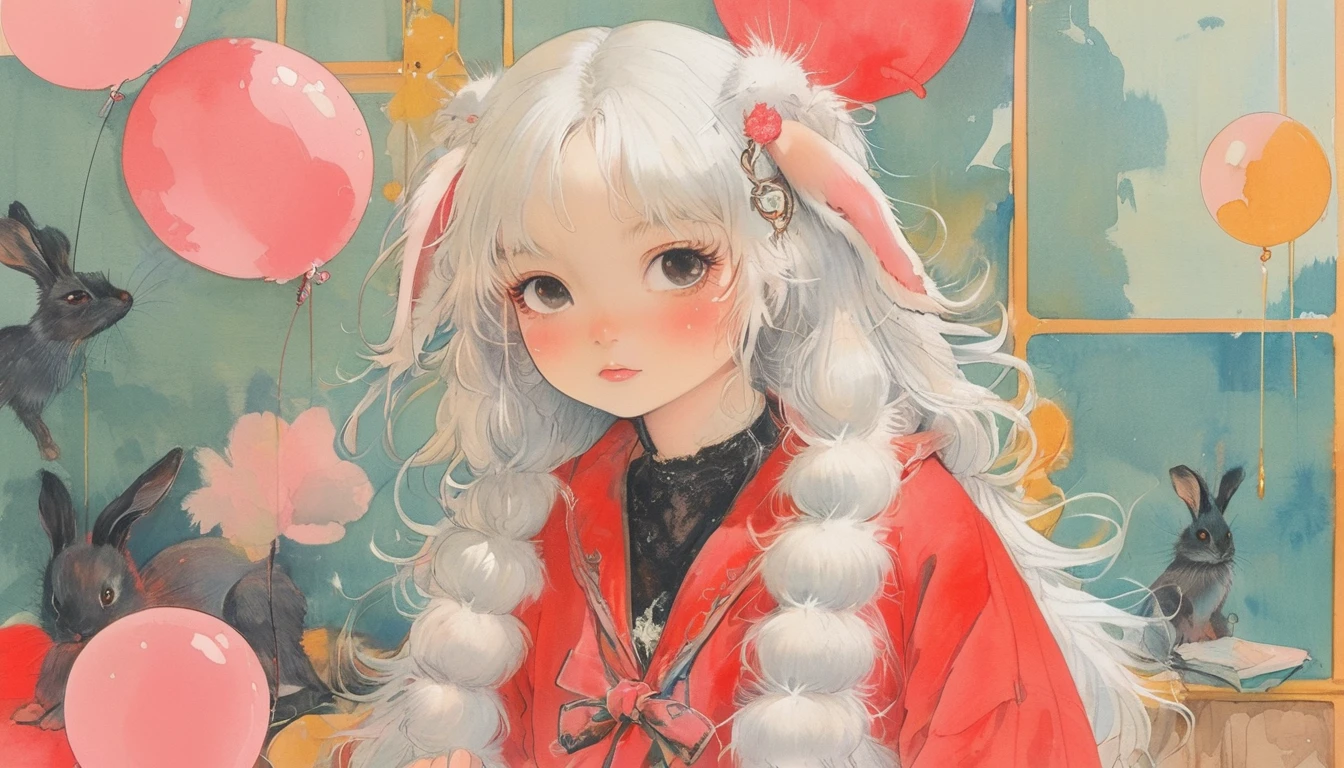 On the bright red campus"yes"character、美しいAn illustration, Highest quality, pretty girl, Bedroom, pastel colour, Fluffy bunny ears, , Silver long hair, Stuffed rabbit, Bright lighting, Pale pink eyes、alone, One Girl, profile,Black Bob,　profile,  The background color is solid yellow,An illustration