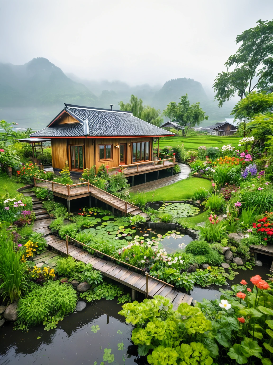 view from far, cottage, the sacred symbol of nature, A stilt house with wooden stairs (prefabricated wooden house), garden around the house with vegetabes, flowers, A Koi pond. In front of the house is a valley with flowers. scenery, a rainy day.