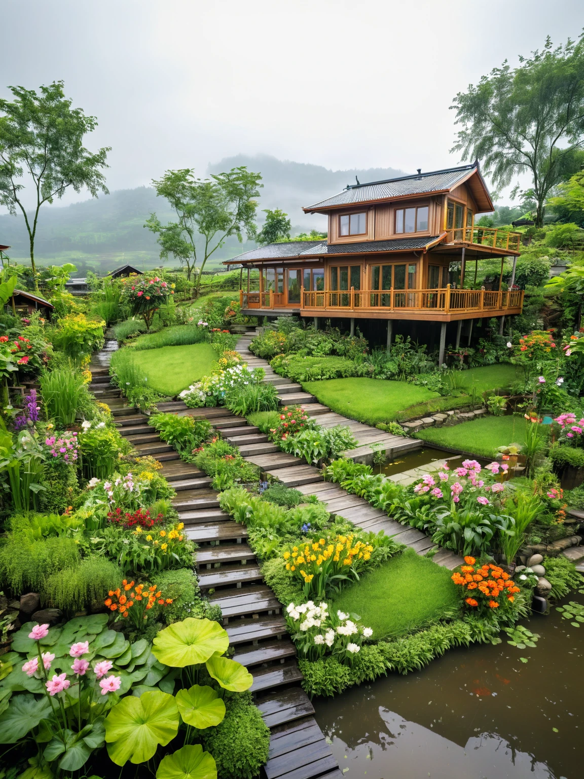 view from far, cottage, the sacred symbol of nature, A stilt house with wooden stairs (prefabricated wooden house), garden around the house with vegetabes, flowers, A Koi pond. In front of the house is a valley with flowers. scenery, a rainy day.