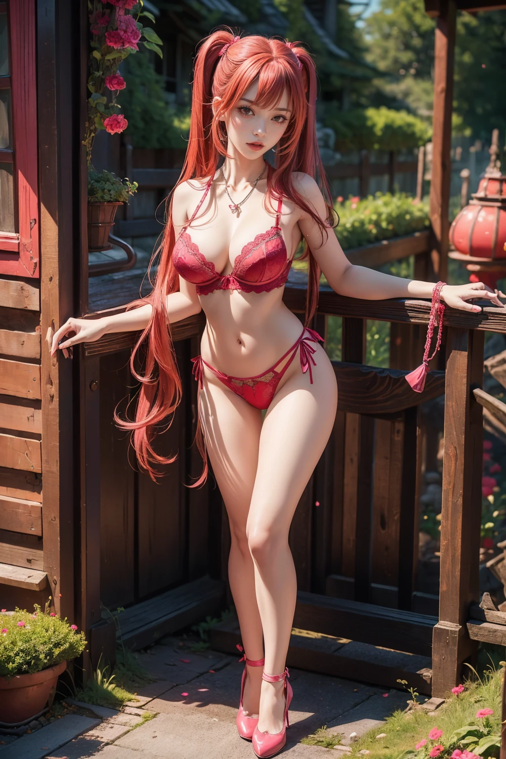 Hyperrealistic, 8k, Top quality, very sharp photo, photoreallistic, fille sexy, long redhead twintails, (black and pink sexy lingerie), (red eyes), detailed lip, Japanese girl, show stocking, large breats, open mouth, full perfect body, sexy necklace, show shoes, standing, garden, harsd