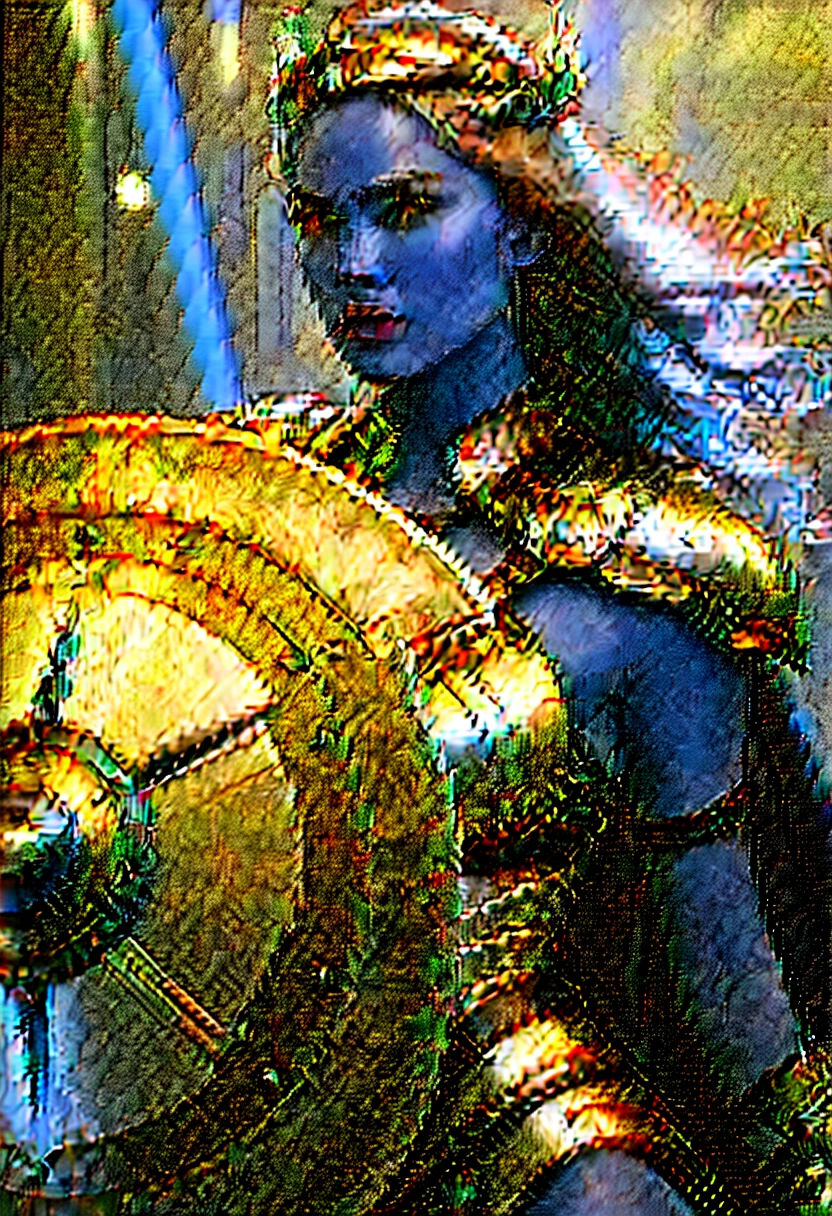 In a futuristic world where technology and ancient prowess converge., a sexy valkyrie holding a shield, She wears a seductive armored dress with a slit at the hip, (Best Quality,4k,high resolution,Masterpiece:1.2),ultra detailed,(realist,photorealist:1.37)