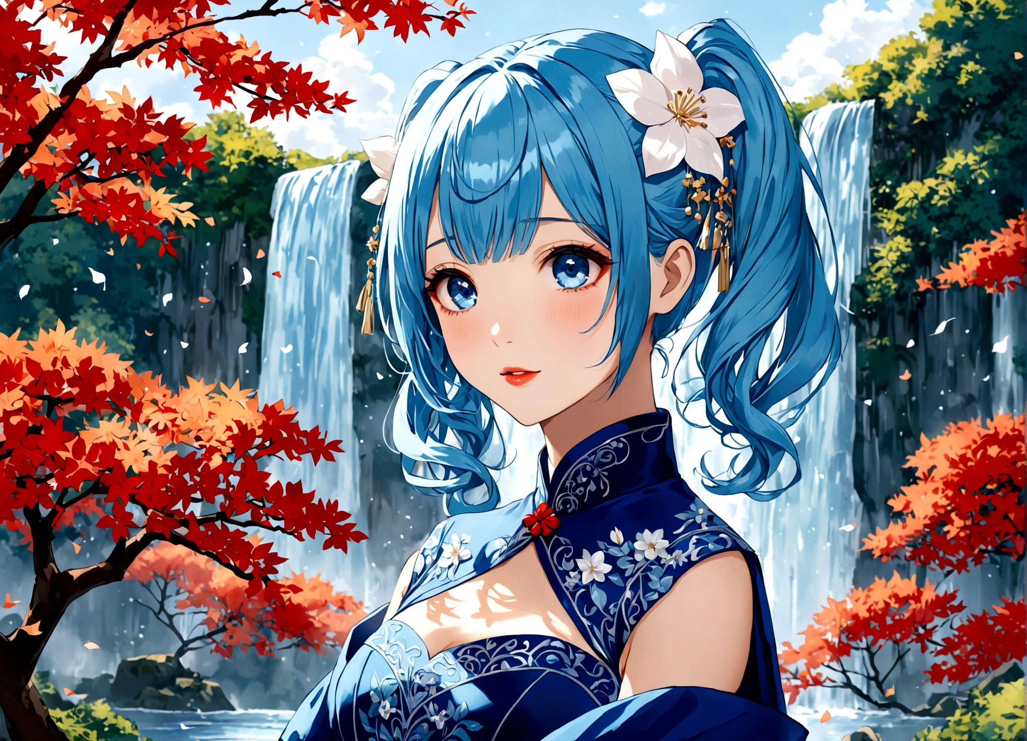 She was wearing a wide-sleeved, double-breasted shirt，White flowers embroidered on the dress，It's like a star in the night sky，There is a blue ribbon tied around the waist，It contrasts sharply with her clothes.，Eye-catching。Her twin ponytails flow like a waterfall，Gently fluttering in the breeze。Her blue eyes are deep and bright，Like the brightest star in the night sky，Reveals a fascinating sense of mystery。Her red lips are so beautiful，It's like a blooming flower，People can't help but want to kiss Fangze。Her face is beautiful，With a faint smile，Gives people a feeling of warmth。 a giant tree, giant tree,(masterpiece:1.2,best quality),(depth of field:1.6),(real picture intricate details),looking at viewer,standing,Portrait Of Stunningly Beautiful Girl,1girl,独奏,(big eyes), Ice Blue hair,short_twintails_Bunches, blue Lace dress,Her temperament is noble and elegant，As if he were a nobleman from a noble family.。Confidence and calm attitude give people an invisible charm。Her figure is slim and graceful，Like a carefully carved work of art。Light and smooth movements，Like a dancer in a dance，Every movement is full of life force and beauty.。