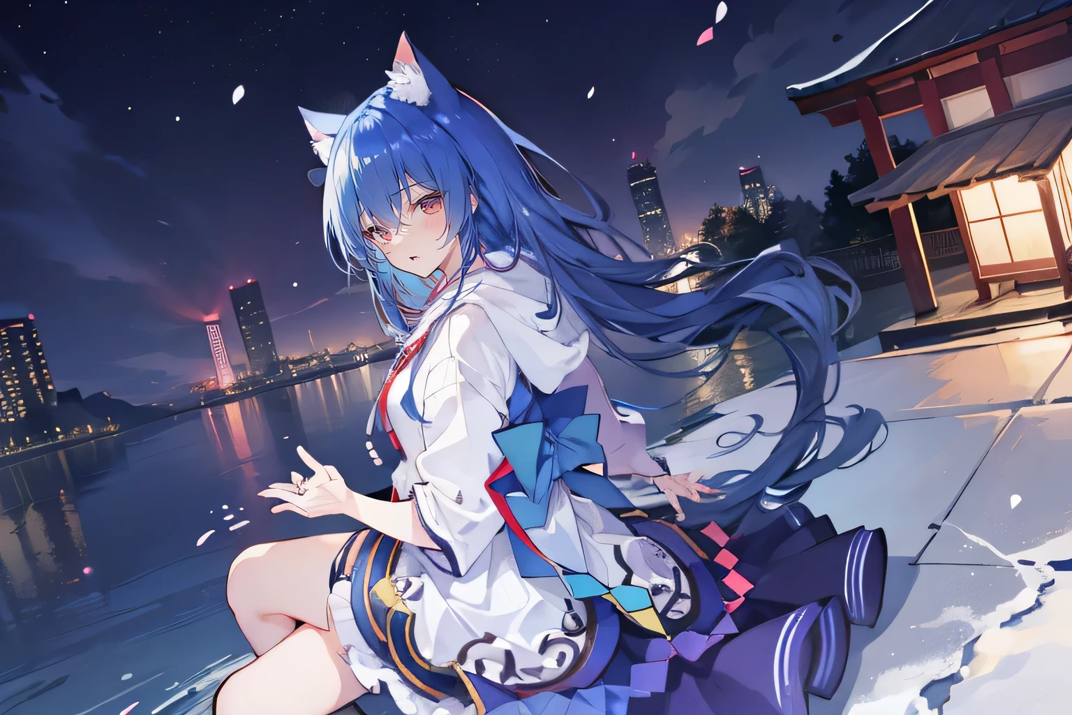 (masterpiece:1.2),Super detailed,lifelike,Expressive eyes,fair skin,perfect face shape,1 girl,
Japanese comics,Gorgeous blue hair,flowing blue hair,flowing clothes,Cat ears,Petals fall,beautiful lola,Baby Angel,
Shaking head with one hand,Cross your legs,Gentle and peaceful background,The pavilion is cool and comfortable,smile, wearing hoodie, background of night tokyo,back views,snowing, winter,lie on the water.