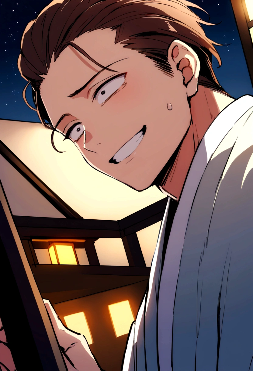 hair slicked back,masterpiece,Dynamic Angle,Face close-up,Angle from below,male, (29-year-old),(male1人)、Izakaya店主,alone,Adult,やさしいsmile,Excited,Brown Hair,(Droopy eyes), Eyes,Black suit,(kimono),,smile,Izakaya,night