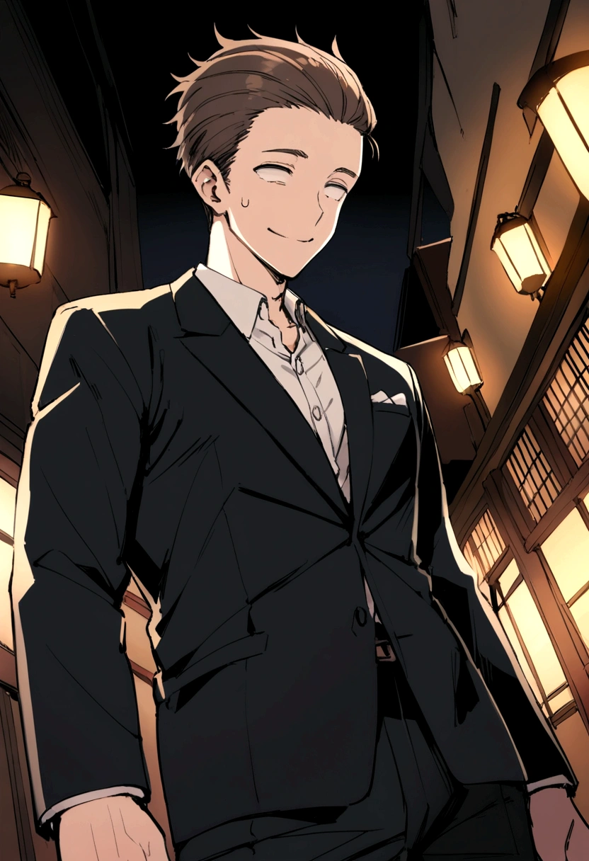hair slicked back,masterpiece,Dynamic Angle,Face close-up,Angle from below,male, (29-year-old),(male1人)、Izakaya店主,alone,Adult,やさしいsmile,Excited,Brown Hair,(Droopy eyes),Lewd Eyes,Black suit,(kimono),,smile,Izakaya,night