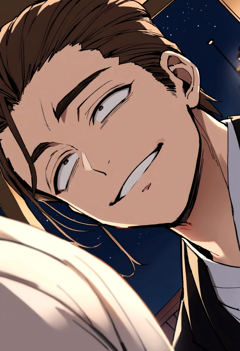 hair slicked back,masterpiece,Dynamic Angle,Face close-up,Angle from below,male, (29-year-old),(male1人)、Izakaya店主,alone,Adult,やさしいsmile,Excited,Brown Hair,(Droopy eyes),Lewd Eyes,Black suit,(kimono),,smile,Izakaya,night