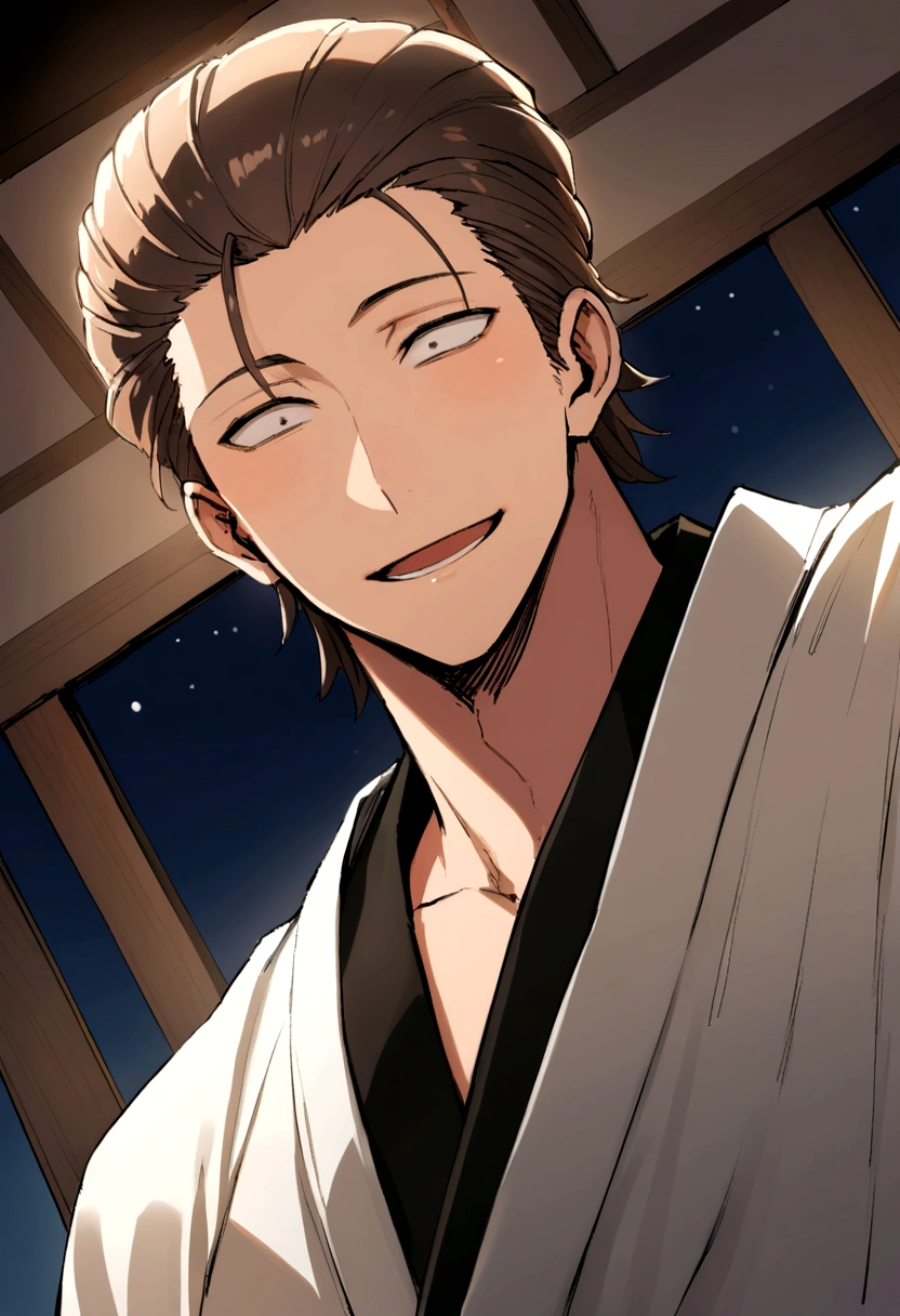 hair slicked back,masterpiece,Dynamic Angle,Face close-up,Angle from below,male, (29-year-old),(male1人)、Izakaya店主,alone,Adult,やさしいsmile,Excited,Brown Hair,(Droopy eyes),Lewd Eyes,Black suit,(kimono),,smile,Izakaya,night