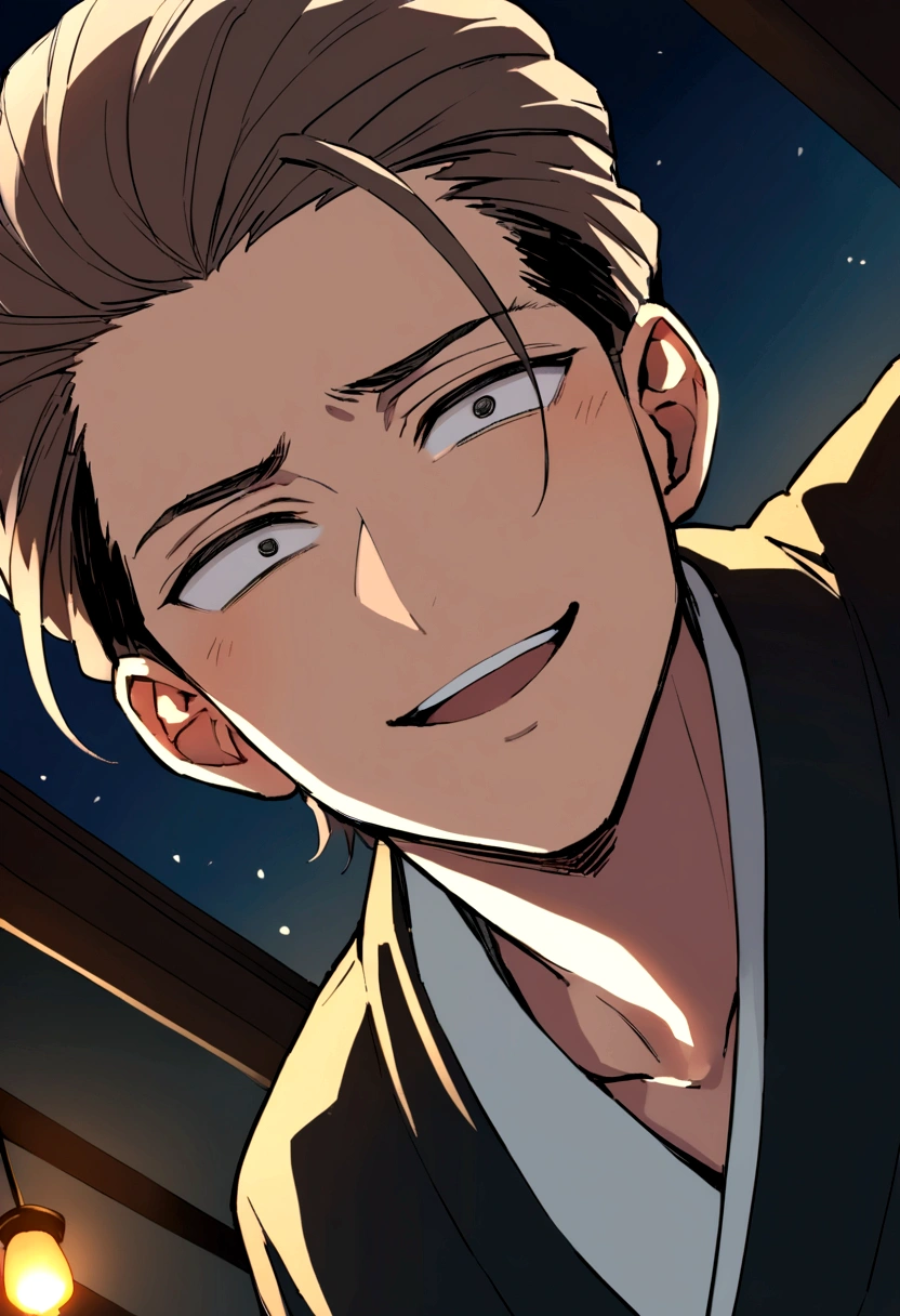 hair slicked back,masterpiece,Dynamic Angle,Face close-up,Angle from below,male, (29-year-old),(male1人)、Izakaya店主,alone,Adult,やさしいsmile,Excited,Brown Hair,(Droopy eyes),Lewd Eyes,Black suit,(kimono),,smile,Izakaya,night