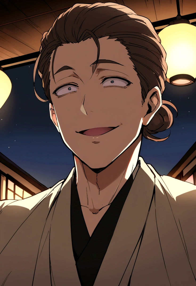 hair slicked back,masterpiece,Dynamic Angle,Face close-up,Angle from below,male, (29-year-old),(male1人)、Izakaya店主,alone,Adult,やさしいsmile,Excited,Brown Hair,(Droopy eyes),Lewd Eyes,Black suit,(kimono),,smile,Izakaya,night