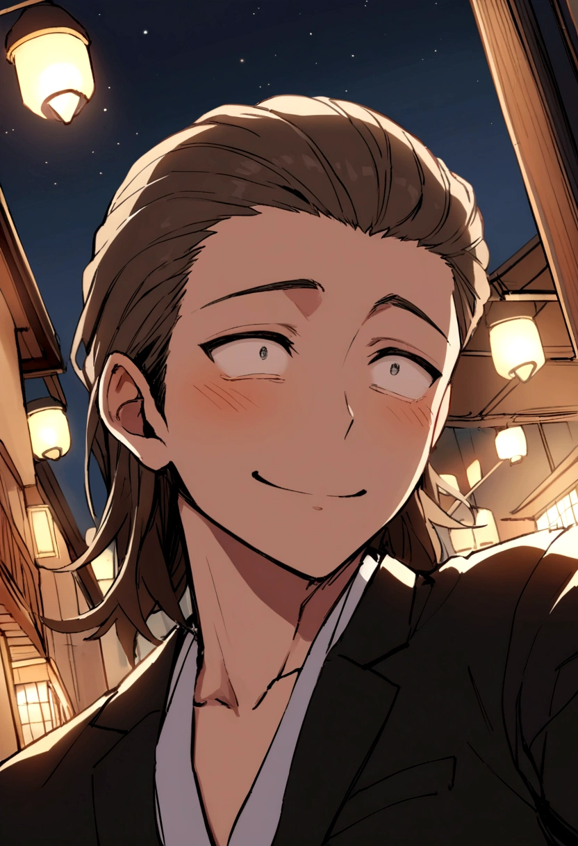 hair slicked back,masterpiece,Dynamic Angle,Face close-up,Angle from below,male, (29-year-old),(male1人)、Izakaya店主,alone,Adult,やさしいsmile,Excited,Brown Hair,(Droopy eyes),Lewd Eyes,Black suit,(kimono),,smile,Izakaya,night