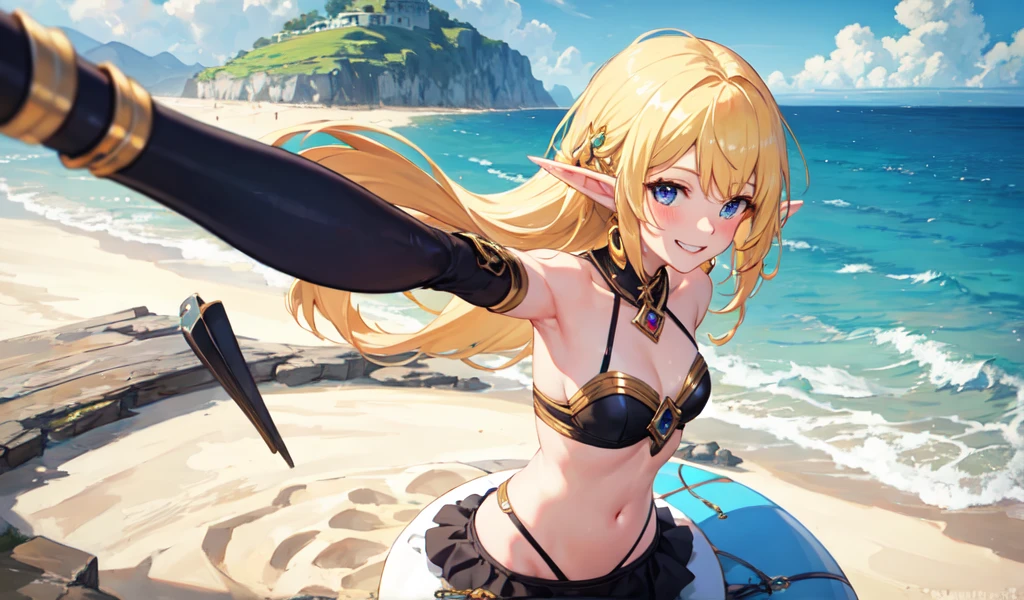 ((Highest quality)), ((masterpiece)), (detailed), A cute elf girl, Beach,Giddy Smile,Sunlight,from_above,plunging,Arching the back