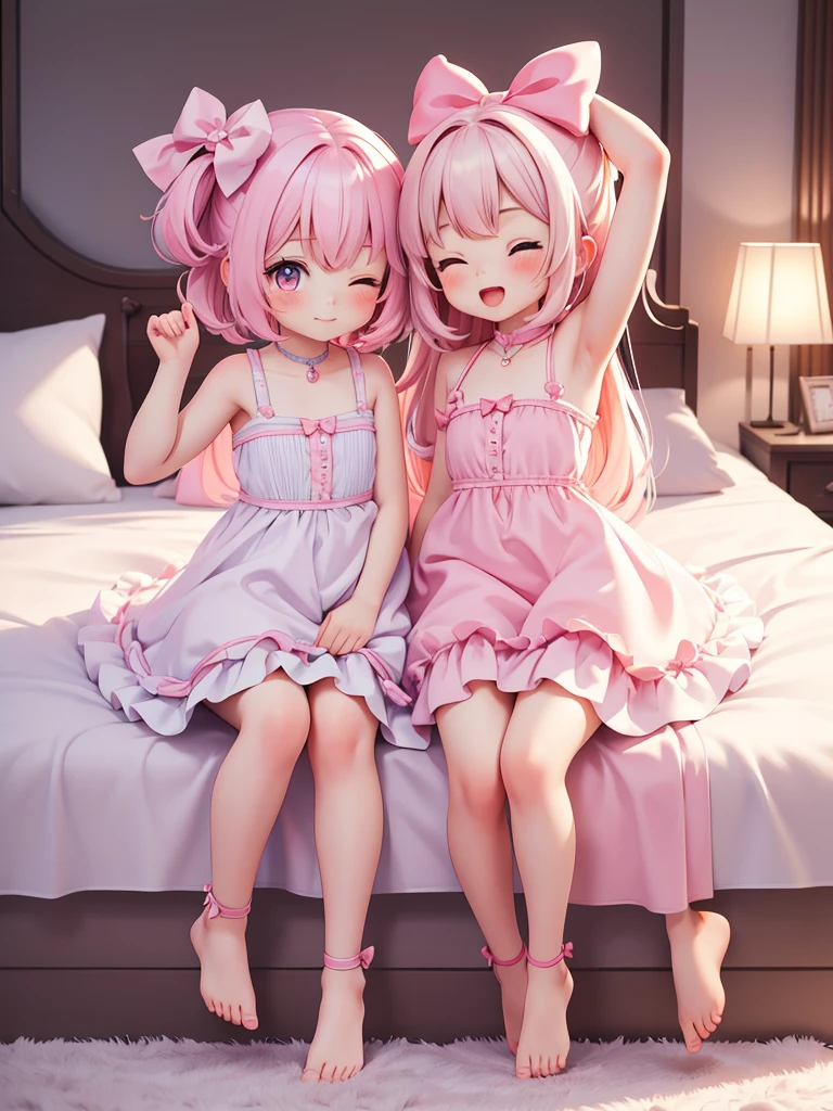 ((2girls, for two)), ((petite kawaii, bishojo)), ((kawaii face)), ((kawaii puffy eyes)), ((masterpiece)), ((best quality)), ((ultra detailed)), ((8k)), ((depth)), ((exquisite)), ((crisp)), ((highres)), ((high standard)), ((beautiful and aesthetic)), (super detailed skin), (perfect anatomy), (pink cheek), (pink rouge), (strap slip), (bare foot), (big bow in hair), (one room), (one eye closed ), (armpits), (perfect hands)