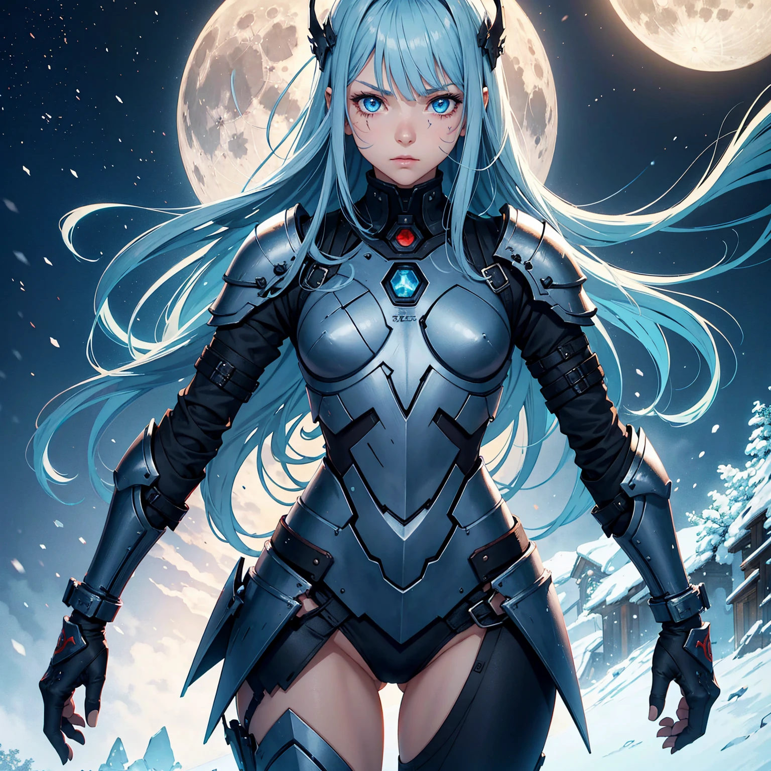 1girl!!!, very long bob hair with bangs, light blue hair, very small breasts, small size, blue eyes, fair skin, lots of scars on body, no scars on face, serious face, Small battle armor, full body, night, moon, snowy ruin, very sexy body, detailed face, highly detailed, 8k, best quality, masterpiece, vibrant colors, digital art, concept art
