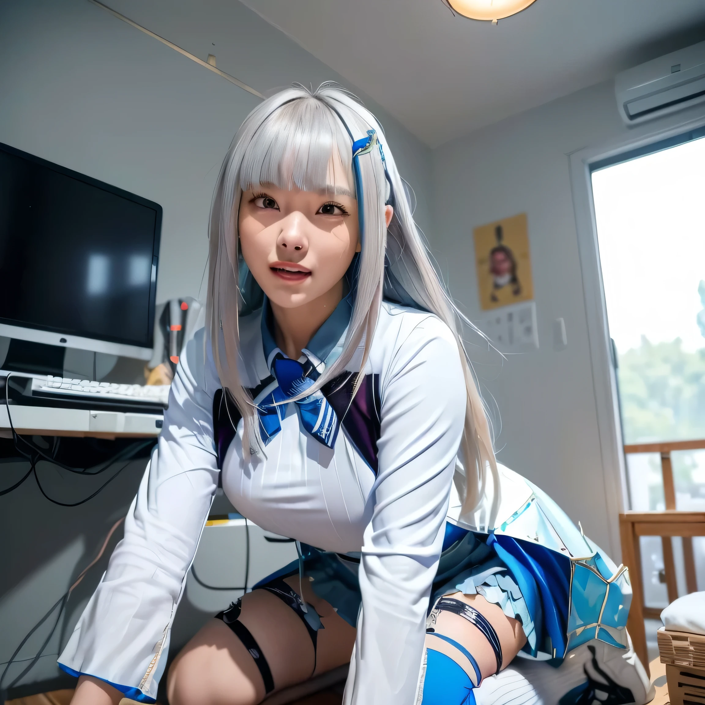 Kneeling,(((Liz Hellesta))),gameroomconcept,PC Desk,((Gaming Chair)),Pay,Game Controller,keyboard,((Looking at the smartphone in his hand)),vtuber,Game Now Streaming,((White Delivery Room)),(Liz HellestaHair),((Dressed seriously)),(((Do not expose breasts))),masterpiece, Highest quality, beautiful,(1 female), Liz Hell,cameltoe,(Straight gray straight hair,((bangs)),((Beautiful Japanese girl face)),Thin face,Beautiful female face,Precise depiction,Excellent costume design, charm, (real chest), (8k Full Body RAW Photo), (Highly detailed skin: 1.2), ((Oily skin)),smile, Highly detailed face, ((Grey Hair)),fine grain, ((Sweaty body)), (((Oily skin))),Inside the room,1 Girl,Open your mouth,(((Open your eyes))),(((View your viewers))),(((Open your eyes))),(((Open your eyes))),(((Wide pelvis))),(((Very muscular and thick thighs Veins,))),Thigh gap,Shiny thighs.(((Narrow waist))),(Realistic:1.0),Front view,1girl,lh1, (((White panties))),cameltoe,Hair Ornament Net、Long Hair、Long sleeve、Pleated skirt、((Blue thigh-high socks in silk fabric))、((手链))、Blue pleated mini skirt、((White jacket, cotton material))、(tight white shirt)、Blue Skirt、(Metallic black thigh straps),(((Front view))),Focused on PC gaming,((Open your mouth)),Showing teeth,Constricted eyes,