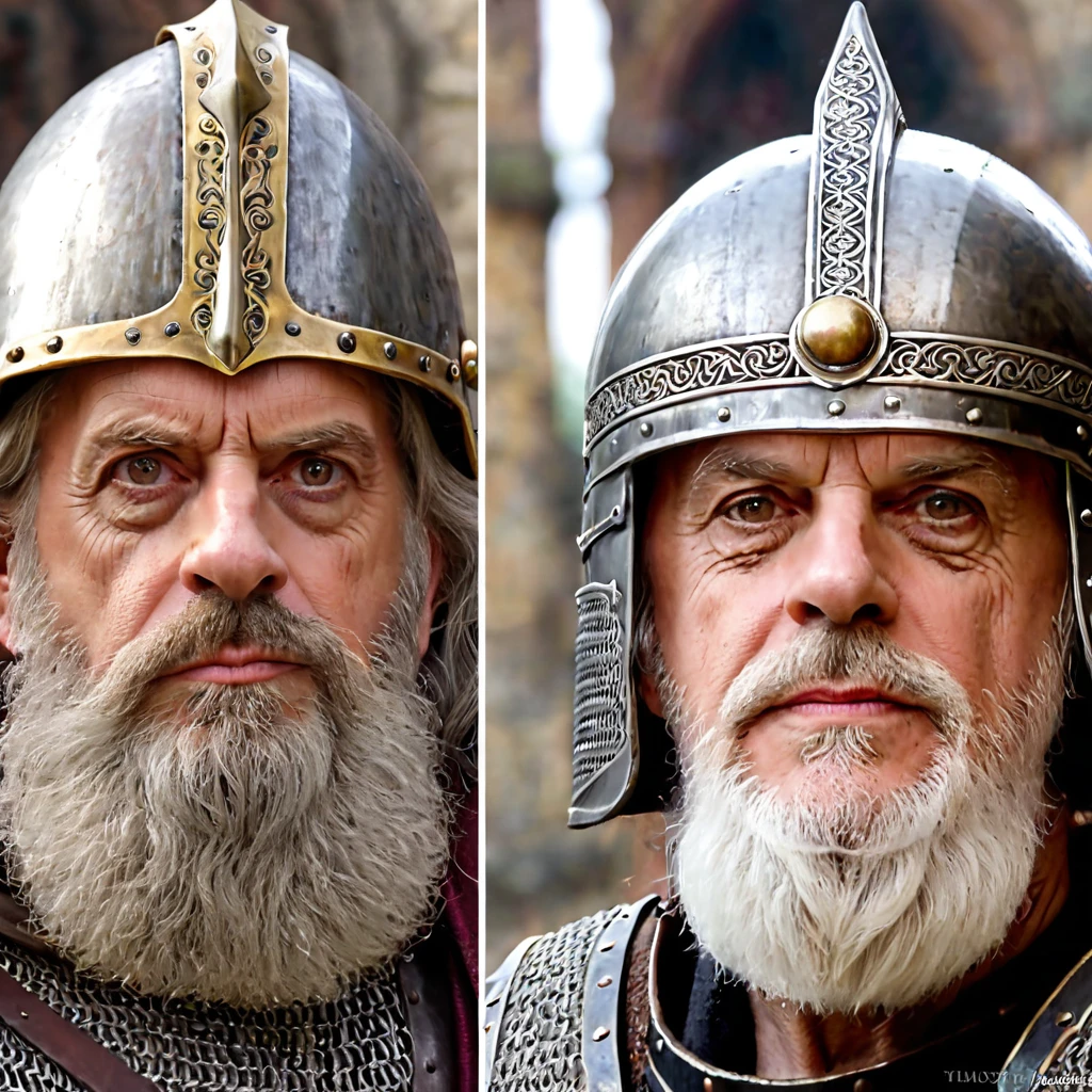 a close up of a man with a beard and a helmet on, greybeard, face of an armored villian, portrait of a medieval old king, epic portrait of menacing, portrait of a dwarf warrior, christopher lloyd as belial, baldur's gate character portrait, medieval old king, grey beard, alexey egorov, portrait of medieval old king