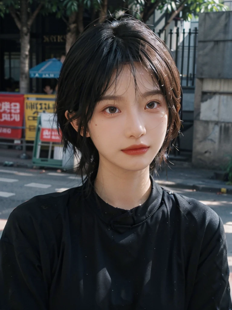 (Skin details:1.4), (smooth skin textures:1.3), (Upper Body:1.4),(Upper Body:1.3),(Black clothes:1.4),Lipstick, background, earrings, serene, calm, (Realistic and detailed eyes:1.2), Natural skin texture, Realistic facial details, Soft dramatic lighting, Vivid details, 35 mm film, outdoor, (Photo Practical:1.4), (hyper Practical:1.4), (Practical:1.3), (Smoother lighting:1.05), (Improve lighting quality:0.9), (Highest quality real skin textures:1.4), Exquisite eyes, Delicate face, Close-up of face, (Enhance the beauty of skin texture:1.1),0Normal body proportions, short hair, Moles under the eyes, A faint smile,Portrait Photography, Depth of Field, Bokeh, Surrealism, Ray Tracing, (Portrait Photography:1.1), Surrealism, High Detail, Chiaroscuro, Ray Tracing, reflected light, Ultra HD, Ultra HD, masterpiece, Textured Skin, Super Detail, High Detail, high quality, best quality