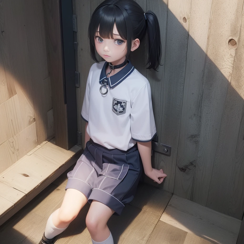 Very detailed For ages 6 and up, Wearing a JK uniform, handcuffs, Metal collar, In prison, suffering, sad, bondage, 壁にhandcuffsをかけられた, , Place your hands on your feet, Show your whole body, 4K Ultra-Clear Images
