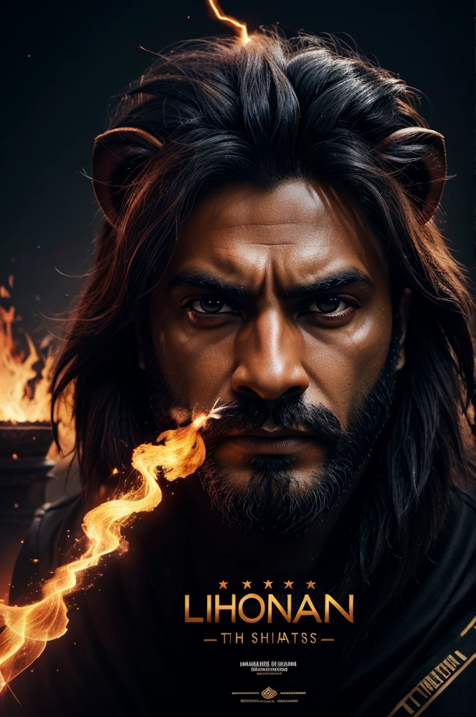 The name RAHUL"with fire, smoke, and lightning stars IN DIFFERENT SHADES OF black and a lion's head, typography, 3d rendering, photography, architecture, photo, fashion, vibrant, cinematic, 3d render, poster