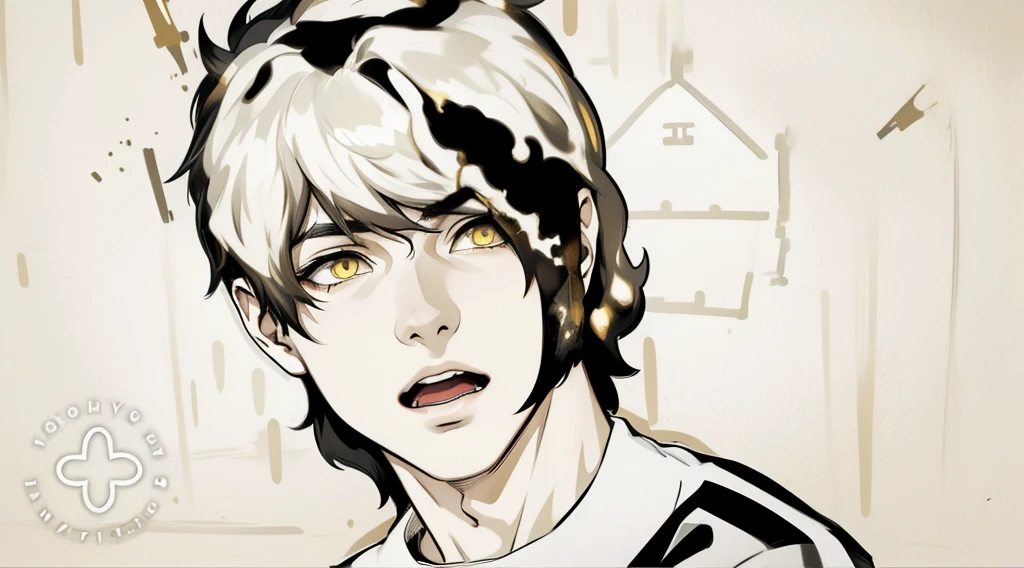 He speaks with his mouth open He is yawning 17 year old boy Black hair and yellow eyes He is asking something with some pain, in the background you can see a house in a town, his shirt is yellow and black
