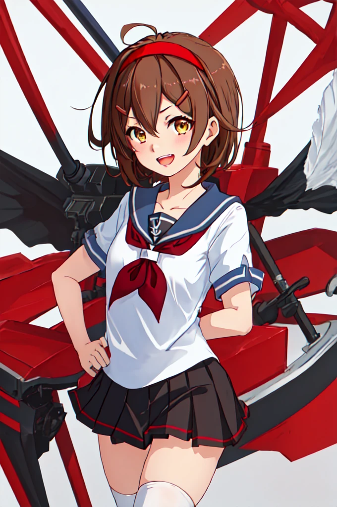 Highest quality, masterpiece, High resolution, 一人in, {shirinsuyu_Kantai Collection:1.15}, brown_hair, brown_eye, hairband, red_hairband, smile, hair_flap, length_hair, red面, Seraphim, Open_mouth, short_hair, hair_between_eye, chest, One Girl, black_Seraphim, black_skirt, Looking_in_audience, neckerchief, pleined_skirt, red_neckerchief, Sailor_collar, School_uniform, short_sleeve, skirt, black_Knee socks, collarbone, Knee socks