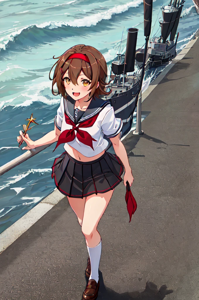 Highest quality, masterpiece, High resolution, 一人in, {shirinsuyu_Kantai Collection:1.15}, brown_hair, brown_eye, hairband, red_hairband, smile, hair_flap, length_hair, red面, Seraphim, Open_mouth, short_hair, hair_between_eye, chest, One Girl, black_Seraphim, black_skirt, Looking_in_audience, neckerchief, pleined_skirt, red_neckerchief, Sailor_collar, School_uniform, short_sleeve, skirt, black_Knee socks, collarbone, Knee socks