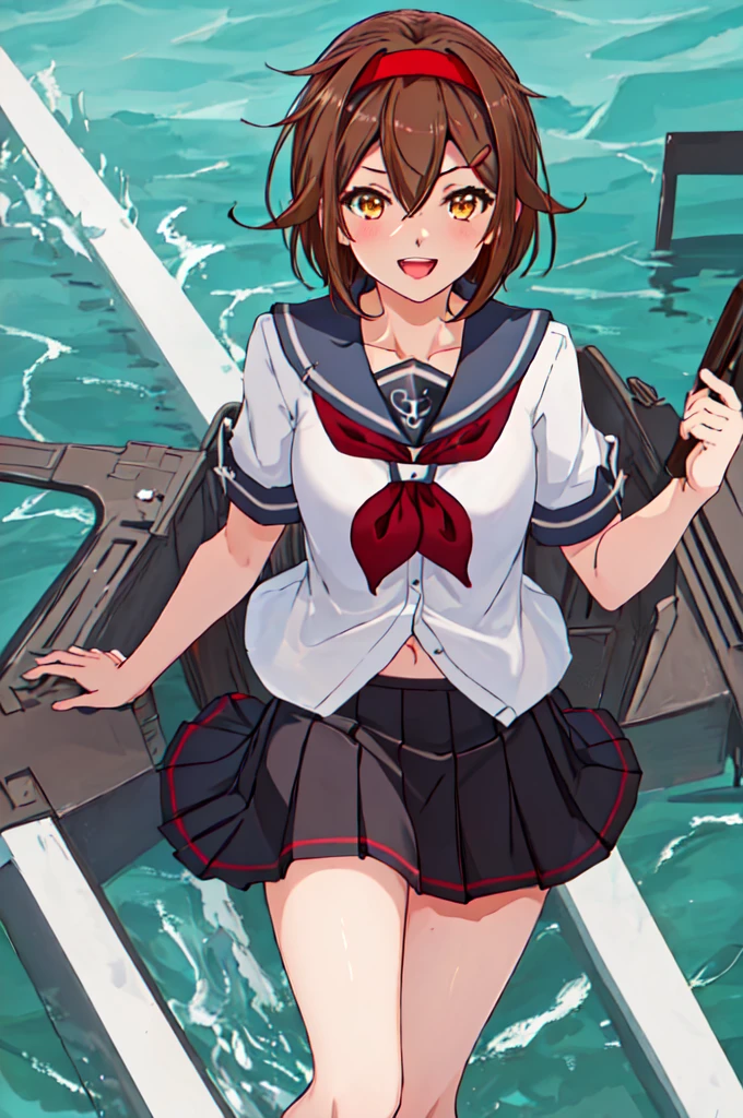 Highest quality, masterpiece, High resolution, 一人in, {shirinsuyu_Kantai Collection:1.15}, brown_hair, brown_eye, hairband, red_hairband, smile, hair_flap, length_hair, red面, Seraphim, Open_mouth, short_hair, hair_between_eye, chest, One Girl, black_Seraphim, black_skirt, Looking_in_audience, neckerchief, pleined_skirt, red_neckerchief, Sailor_collar, School_uniform, short_sleeve, skirt, black_Knee socks, collarbone, Knee socks