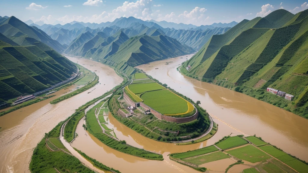 Photo-realistic depiction of the Huang He (Yellow River) and the Yangtze River in ancient China. Show fertile lands along the riverbanks with farmers working, villages, and occasional flooding scenes to illustrate the lifeline and threat of these rivers