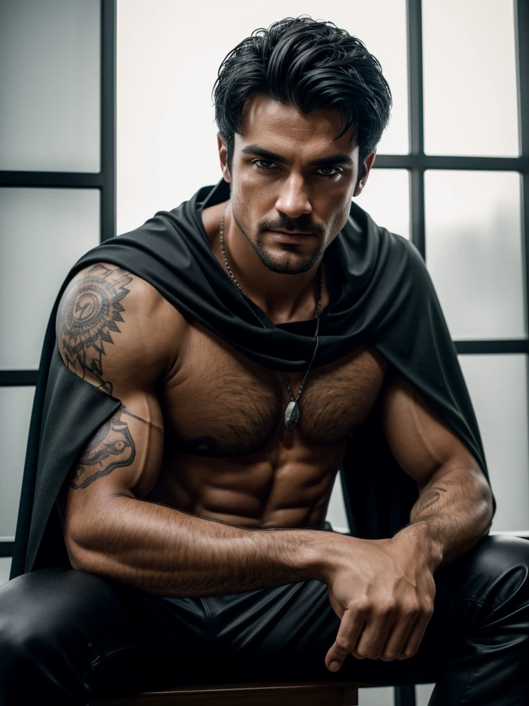 1 men, handsome american man, sitting down, focus only, 25 years old, toned body, short goatee, medium black hair, intricate assassin costume, with a black cape on one shoulder, with some broken armor pieces on the body, Lean and muscular body, dark shaped eyes, work of art, ultra HD, 8K detalhes insanos, realisitic, face detailed, Detailed texture skin, nblurry background, 8K, cinematic lighting. He is in an abandoned place, little empty place, with several boards nailed to the windows to prevent people from seeing through them, sld is in an abandoned office room with 1 table and 1 worn-out cabinet, ele esta sitting down. Ultra HD scenery, 8K