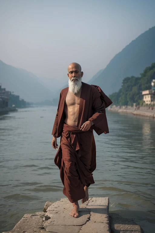 Please write an animated picture of an ascetic monk standing on one leg on the Ganges River. Smoke should come out of his body and he should look strong.