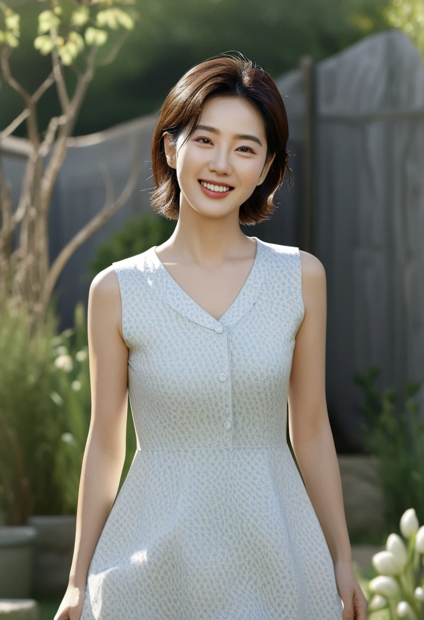 1 woman, (Wearing a sleeveless high-quality brand dress with good texture:1.6),(raw photo, best quality), (realistic, photo-realistic:1.4), masterpiece, Very delicate and beautiful Korean woman, very detailed, 2k wallpaper, amazing, in detail, very detailed CG unity 8k wallpaper, very detailed, mackerel, soft light, Beautiful and detailed 36 year old woman, very detailed eyes and face, beautiful and delicate nose, beautiful detailed eyes,cinematic lighting,(in the garden:1.6),complete anatomy,slim body,(laugh:1.4),(young girl:1.4),(cowboy shot:1.6),(look at the viewer:1.4),(front view:2.0),cinematic angle,Inspired by Son Ye-jin,standing,(split:0.8), Short hair