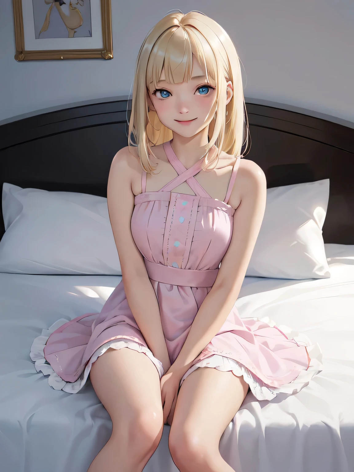 1 Female, alone, Young girl, 16 years old, Straight Blonde Hair, Blunt bangs, blue eyes, (smile), (masterpiece, Highest quality:1.2) Delicate illustrations, Super detailed, Medium chest, ((From the knee up)) (Pink dress　Ultra mini skirt), White panties are visible,bedroom