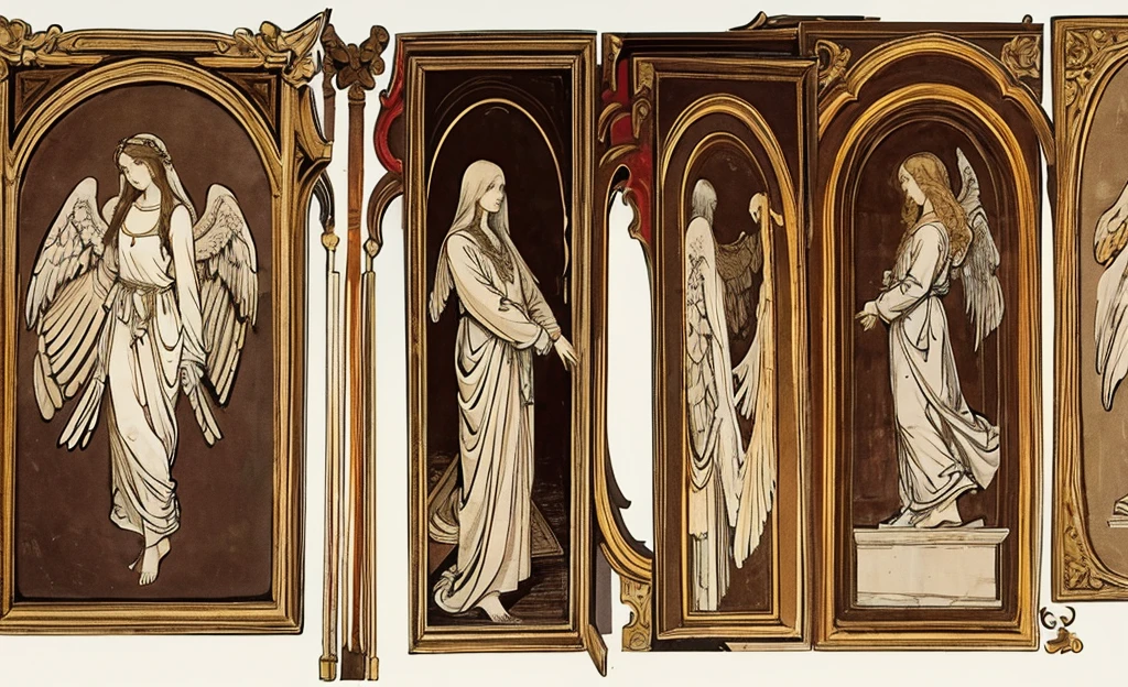 A biblical archangel, of the Christian religion, made in the style of Leonardo da Vinci as dictated by Christianity, in front position, on a white background looking towards me spreading its 4 wings, erect and facing me, with garments similar to those of Jerusalem, with clothing similar to those worn in the era of Jesus and the angel is seen in the art style of Leonardo da Vinci