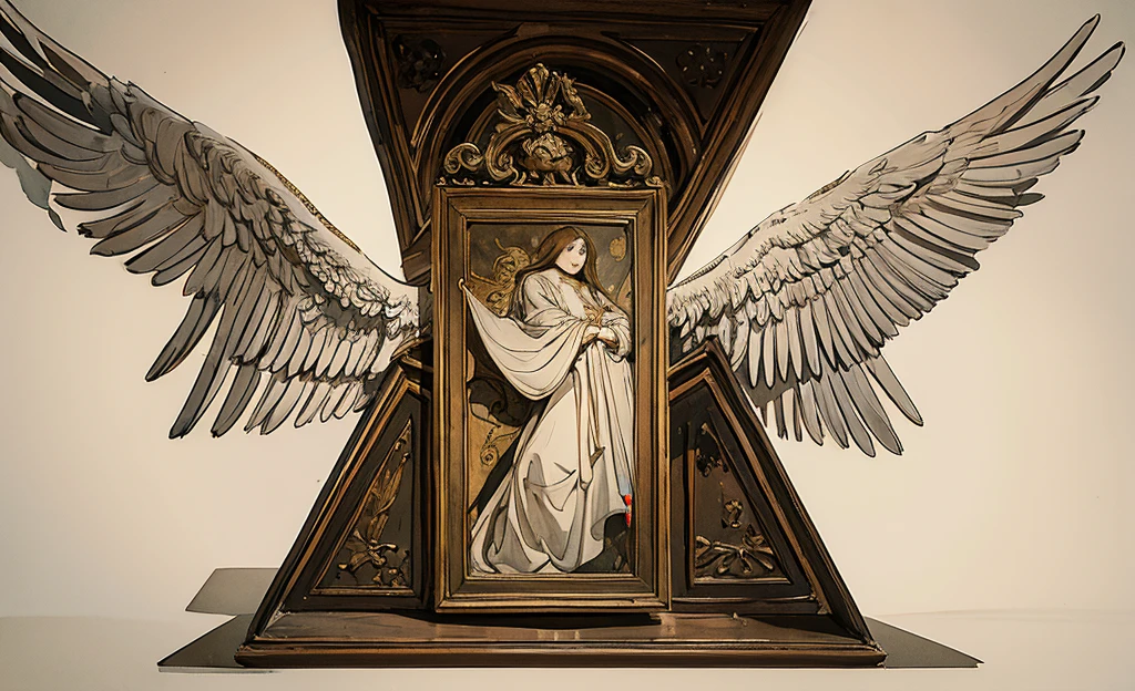 A biblical archangel, of the Christian religion, made in the style of Leonardo da Vinci as dictated by Christianity, in front position, on a white background looking towards me spreading its 4 wings, erect and facing me, with garments similar to those of Jerusalem, with clothing similar to those worn in the era of Jesus and the angel is seen in the art style of Leonardo da Vinci