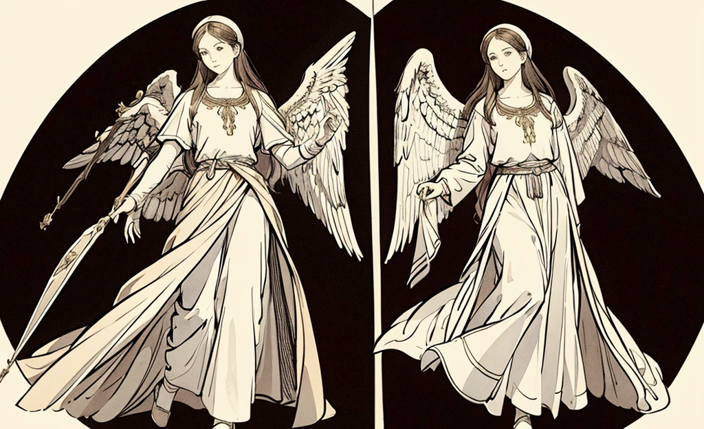 A biblical archangel, of the Christian religion, made in the style of Leonardo da Vinci as dictated by Christianity, in front position, on a white background looking towards me spreading its 4 wings, erect and facing me, with garments similar to those of Jerusalem, with clothing similar to those worn in the era of Jesus and the angel is seen in the art style of Leonardo da Vinci