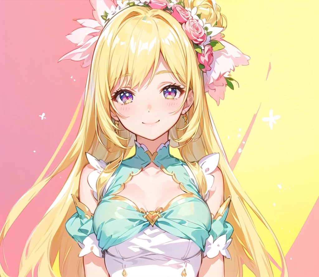 Anime girl with blonde hair and a pink dress posing for the camera, My Dress Up Darling Anime, Shirabii, , Smiling like a fairy queen, Anime Goddess, A juicy peach that looks like a human, shikamimi, Cute anime waifu in a nice dress, I also make fan art, Anime Moe Art Style, Cute realistic portrait, Holding a bouquet、happy