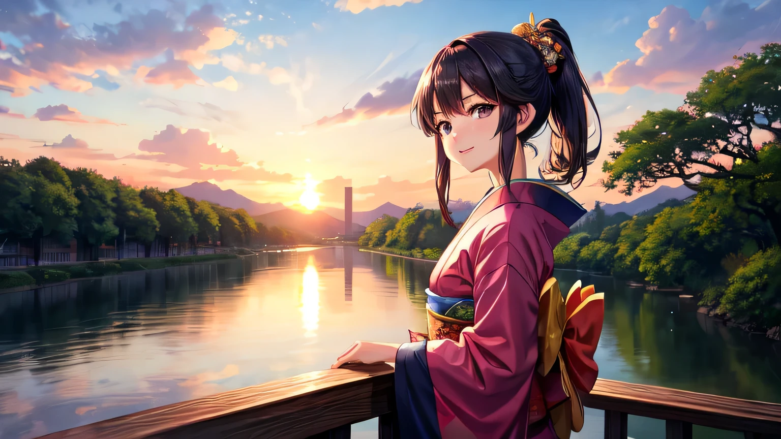 For anime,A beautiful woman in a kimono is looking at the scenery along the river,sunset