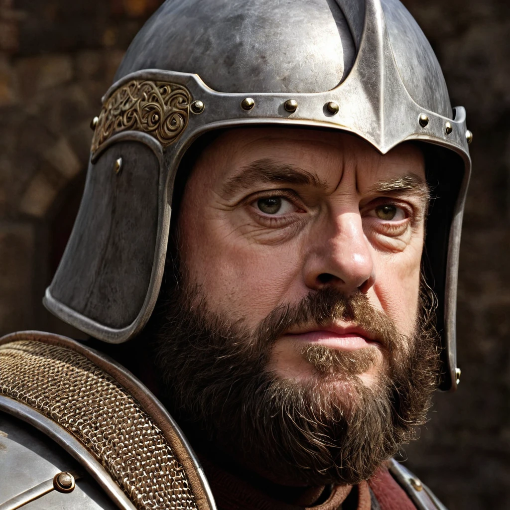 a close up of a man with a beard and a helmet on, a character portrait inspired by Robert Walker Macbeth, featured on zbrush central, hyperrealism, greybeard, face of an armored villian, portrait of a medieval old king, epic portrait of menacing, portrait of a dwarf warrior, christopher lloyd as belial, baldur's gate character portrait
