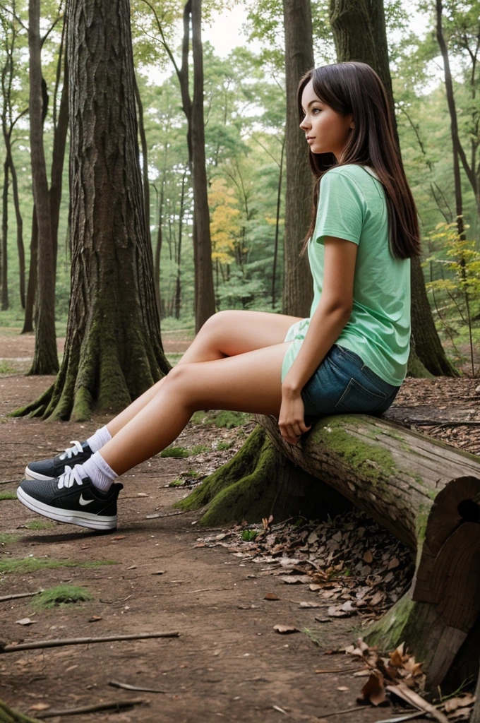 A cute girl sitting on the forest park backside 