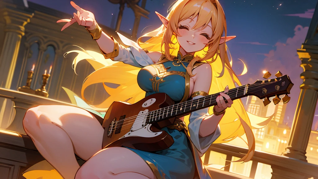 Anime Style,night,Detailed background,Magical World,A lively balcony with many people,Smiling bard beautiful elf girl,guitar,Large Breasts,Healthy thighs,Underarm,Barefoot