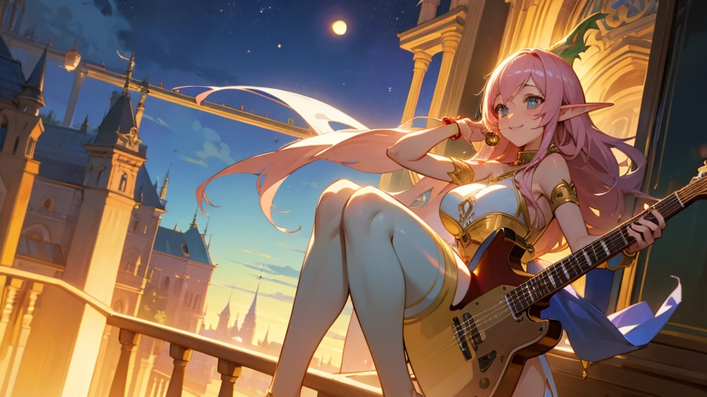 Anime Style,night,Detailed background,Magical World,A lively balcony with many people,Smiling bard beautiful elf girl,guitar,Large Breasts,Healthy thighs,Underarm,Barefoot