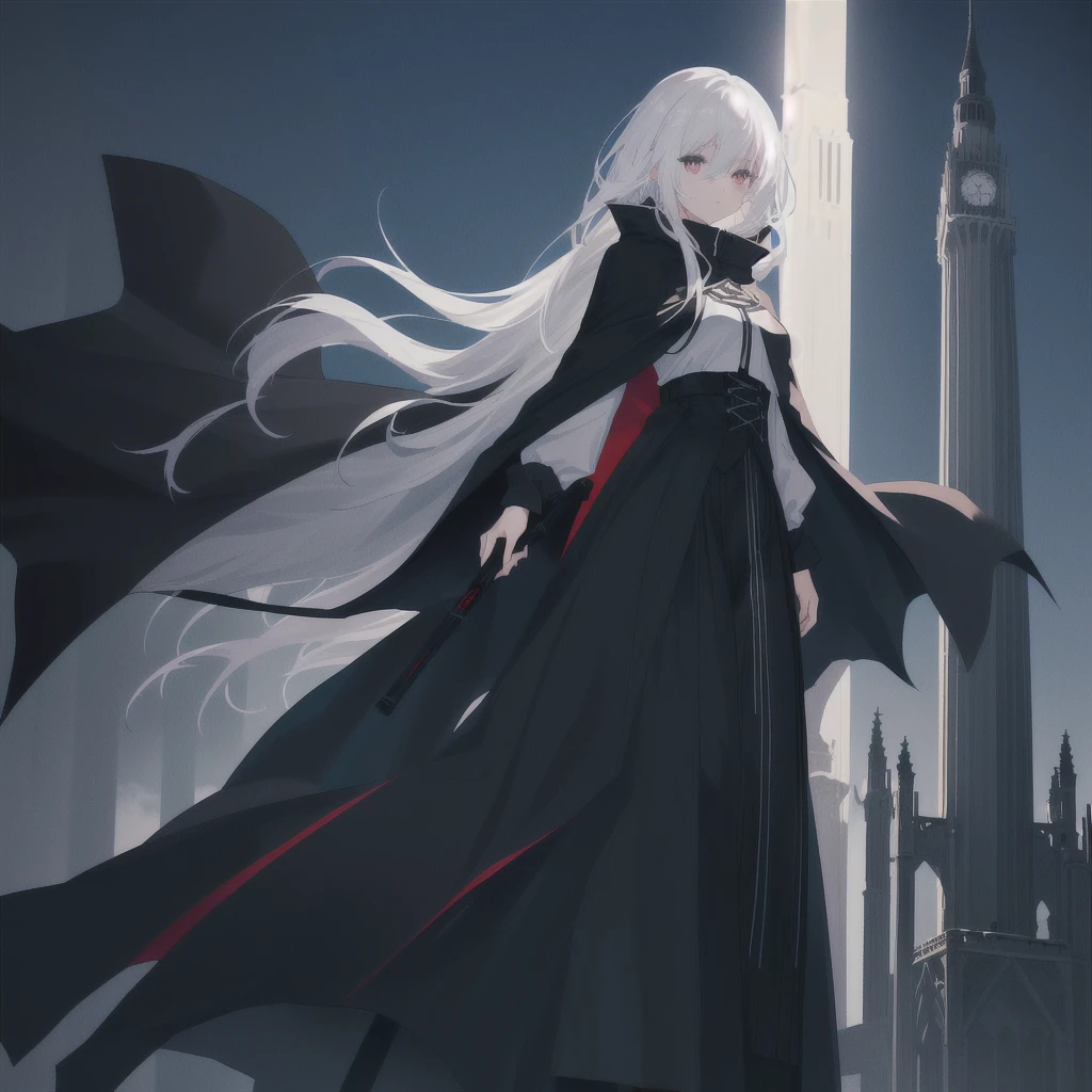 Anime character girl with white hair and black clothes standing next to a tall tower, with cape, Dark Cape, Grim Reaper in the Night!!!!, wearing black clothes and cape, Wearing a cloak in a blown up plain, Wearing a black cloak,