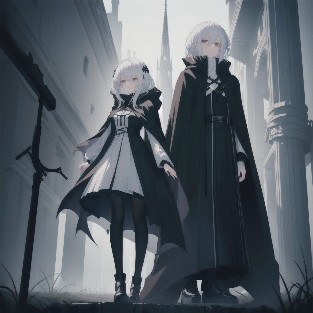Anime character girl with white hair and black clothes standing next to a tall tower, with cape, Dark Cape, Grim Reaper in the Night!!!!, wearing black clothes and cape, Wearing a cloak in a blown up plain, Wearing a black cloak,