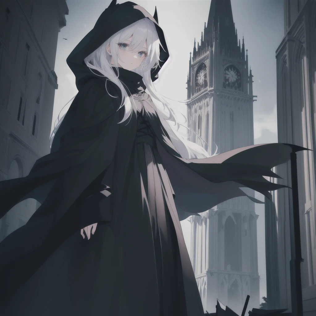 Anime character girl with white hair and black clothes standing next to a tall tower, with cape, Dark Cape, Grim Reaper in the Night!!!!, wearing black clothes and cape, Wearing a cloak in a blown up plain, Wearing a black cloak,