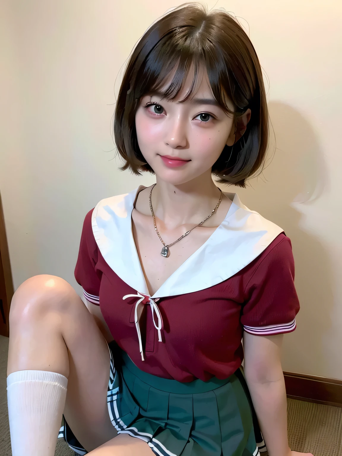 ((Highest quality))、(masterpiece:1.4)、RAW Photos、8K、((Best image quality))、 ((High resolution))、Beautiful face in every detail、Realistic human skin、Gentle expression、(One Woman:1.3 )、Realistic、Realistic、(Short Hair)、(Beautiful woman)、(Cute Japanese Girl)、(boyish:1.35)、((mannish))、((Beautiful woman))、(Beautiful Hair)、((Dark green hair))、(((Red cheeks)))、((Her eyes are big))、 year old beauty、(Her face is small:1.7)、Small Head、((Long neck))、White skin、Beautiful Skin、With bangs、Everyone longs for、Beautiful woman in Japan、eight-headed body、(necklace)Looking into the camera、smile、Happy expression、Dark green short hair、Oily shiny knee socks、(The perfect school girl uniform:1.3)、Sailor suit with red ribbon、(Beautiful small breasts:1.3)、(Red checkered mini skirt:1.2)、Pink wall、