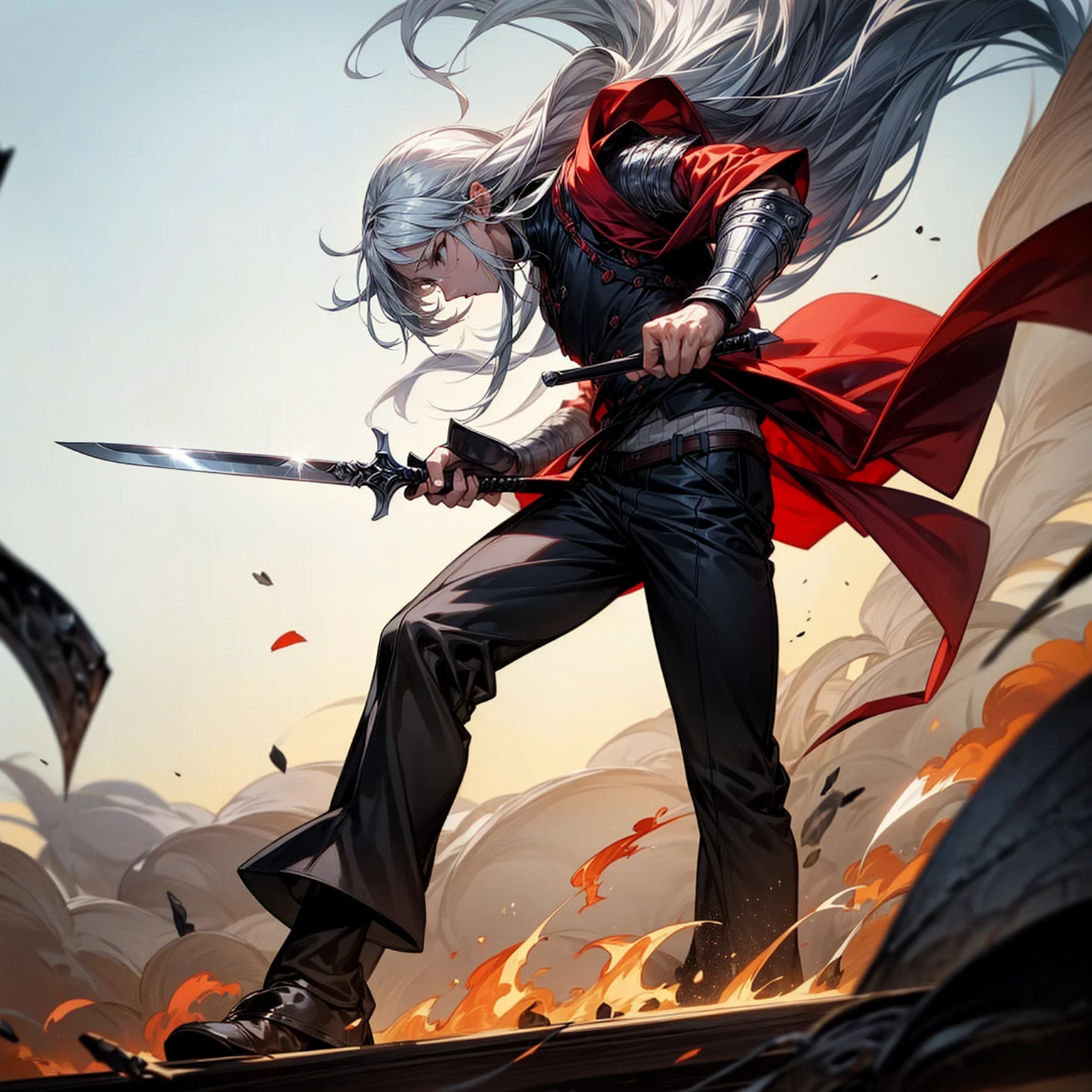 1boy, Full body version, 1character, black eyes color, milk skin, long hairstyle, monolod eyes type, silver colour hair, muscle, Assassin clothing style, red color clothing, black pants, white scraf, Ancient roman boots, vest armors, dagger knife in hand, Grassroots background in field villager, motion blur, battle gesture, lighting morning, sunlight, smoke, plasma, bloody background, fire, lighting knife