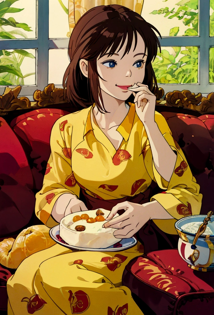 woman,smilie,eating foods, sitting on the sofa, BREAK, 8k , best-quality, masterpiece, perfect anatomy